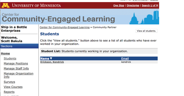 Community Partner Student Homepage screenshot